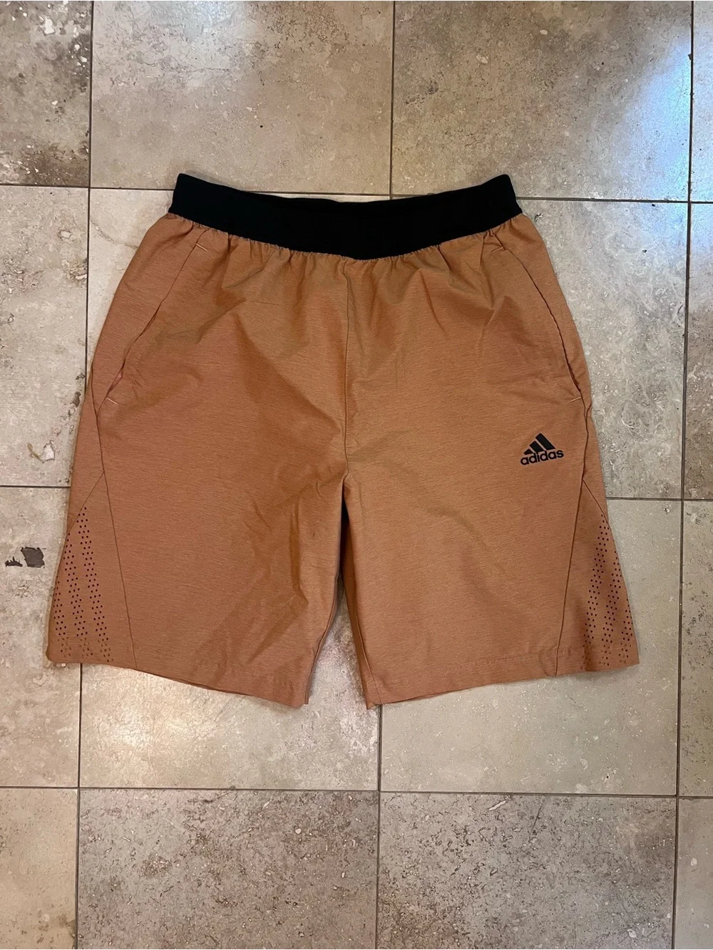 adidas Men’s Tan Athletic Shorts with Black Elastic Waistband